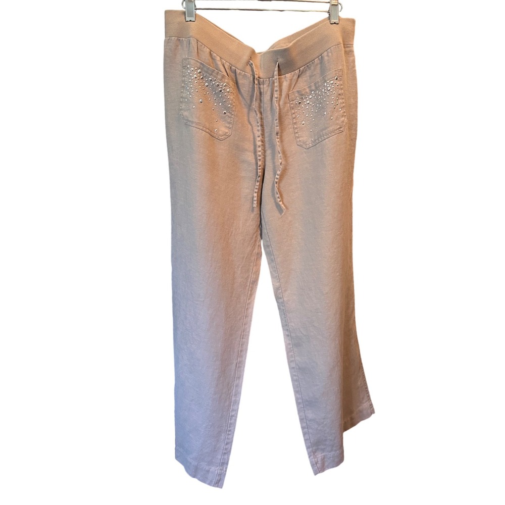 INC International Concepts Womens 10 Linen Silver Studded Drawstring Pants Beige